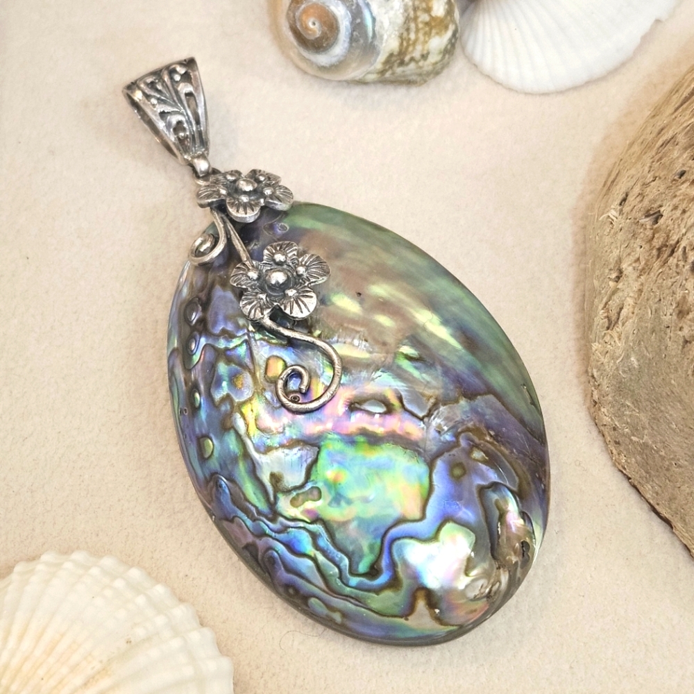 VINTAGE STERLING SILVER ABALONE SHELL PENDANT SIGNED CFJ HANDMADE